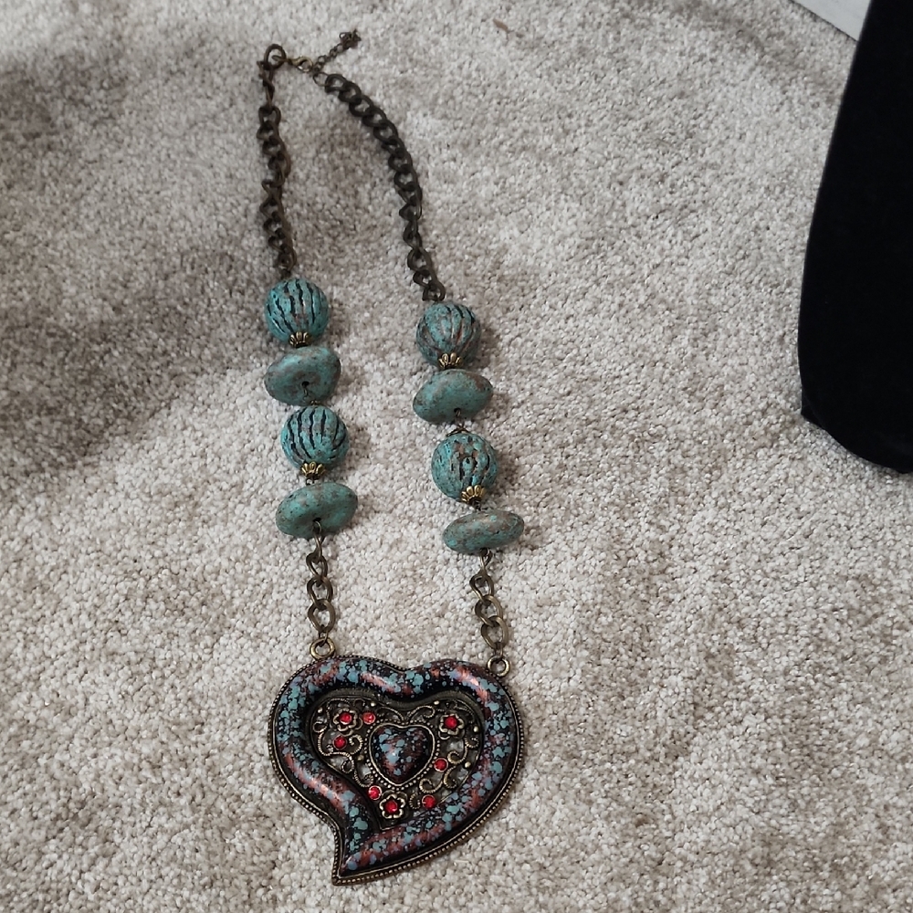 Heart Pendant Necklace with Turquoise and Pink Accents - Picture 2 of 5